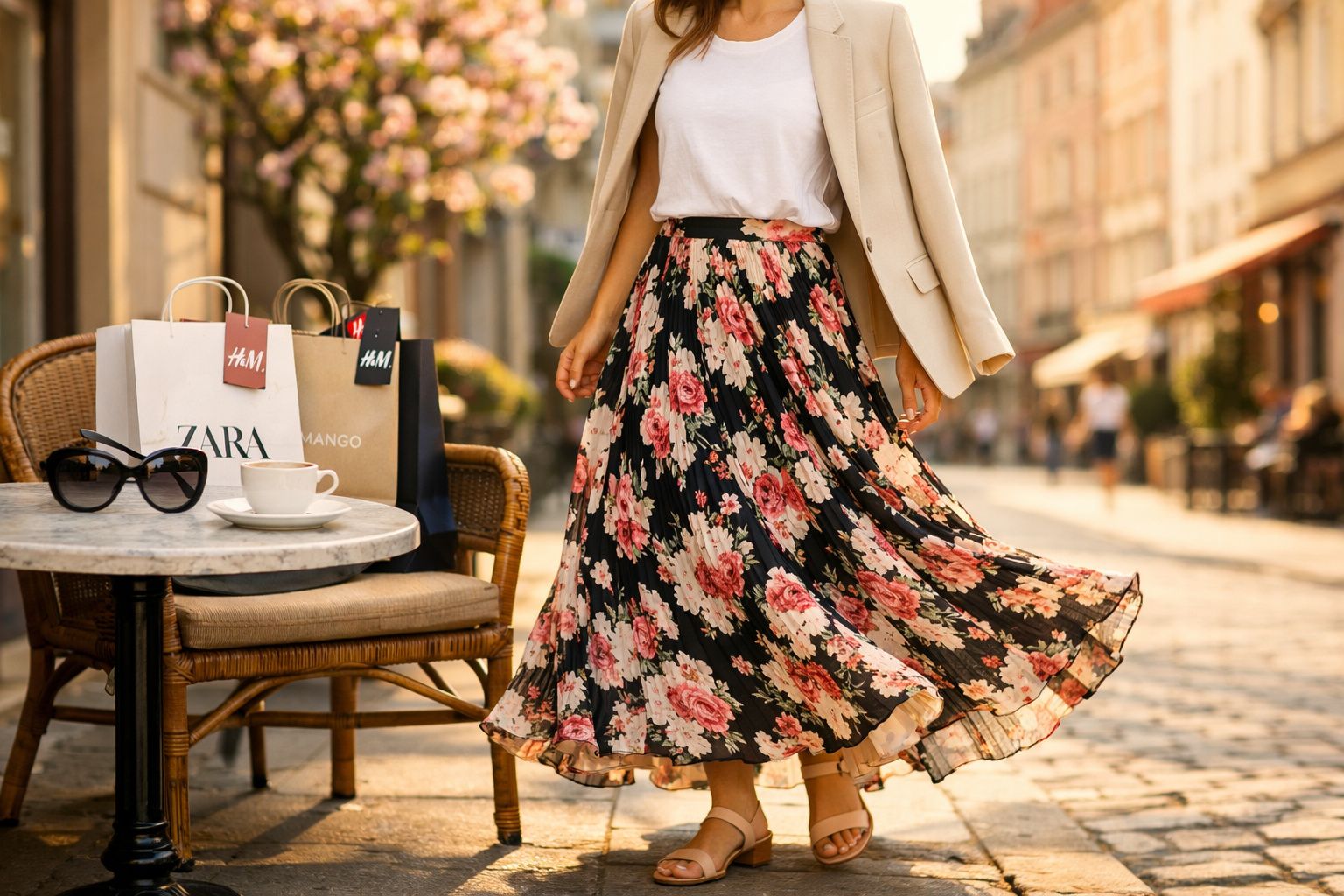 Mulher em saia longa florida caminhando em rua com sacolas de lojas e café em mesa na calçada.