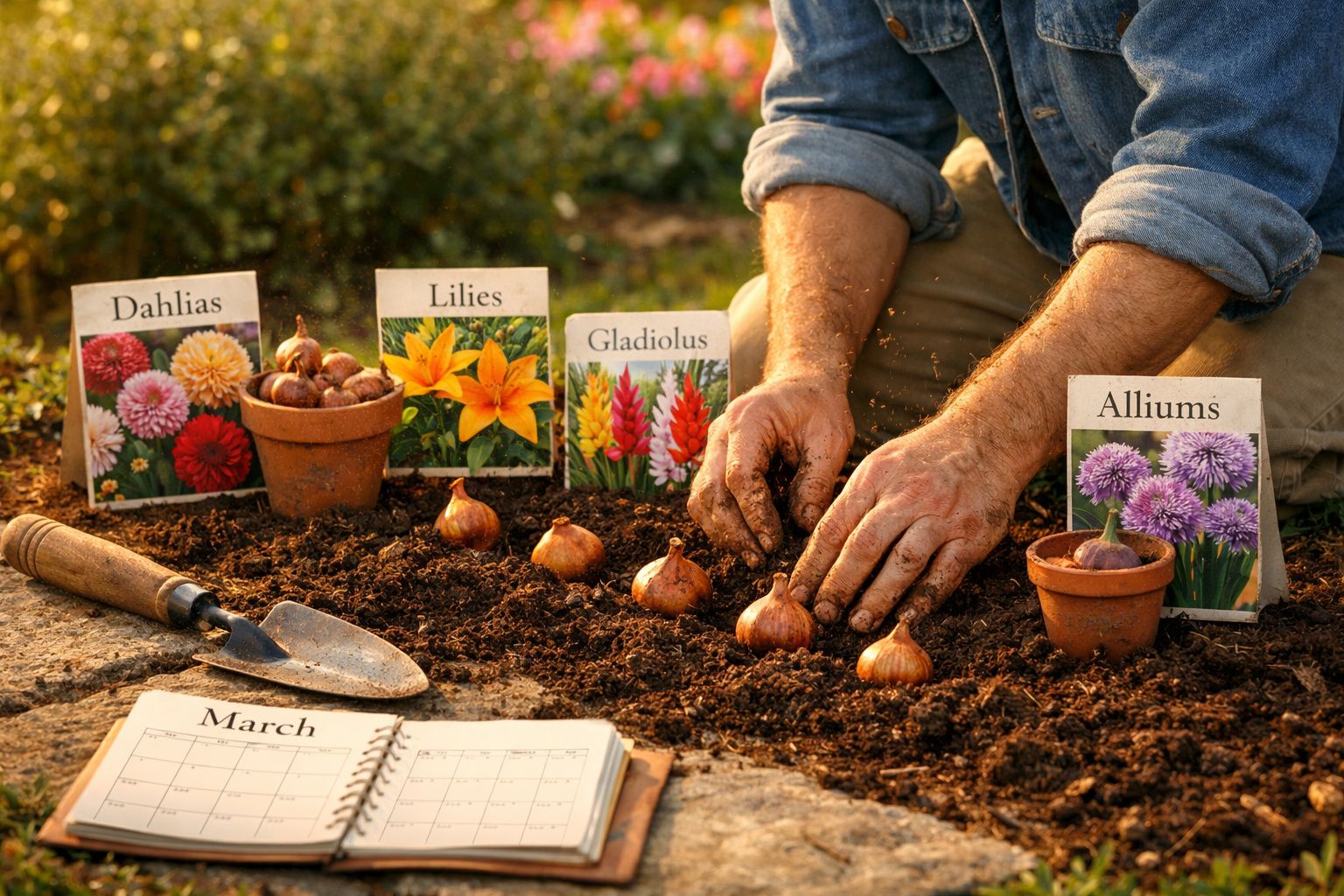 Mãos plantando bulbos de flores na terra com etiquetas de dálias, lírios, gladíolos, aliums e calendário aberto.