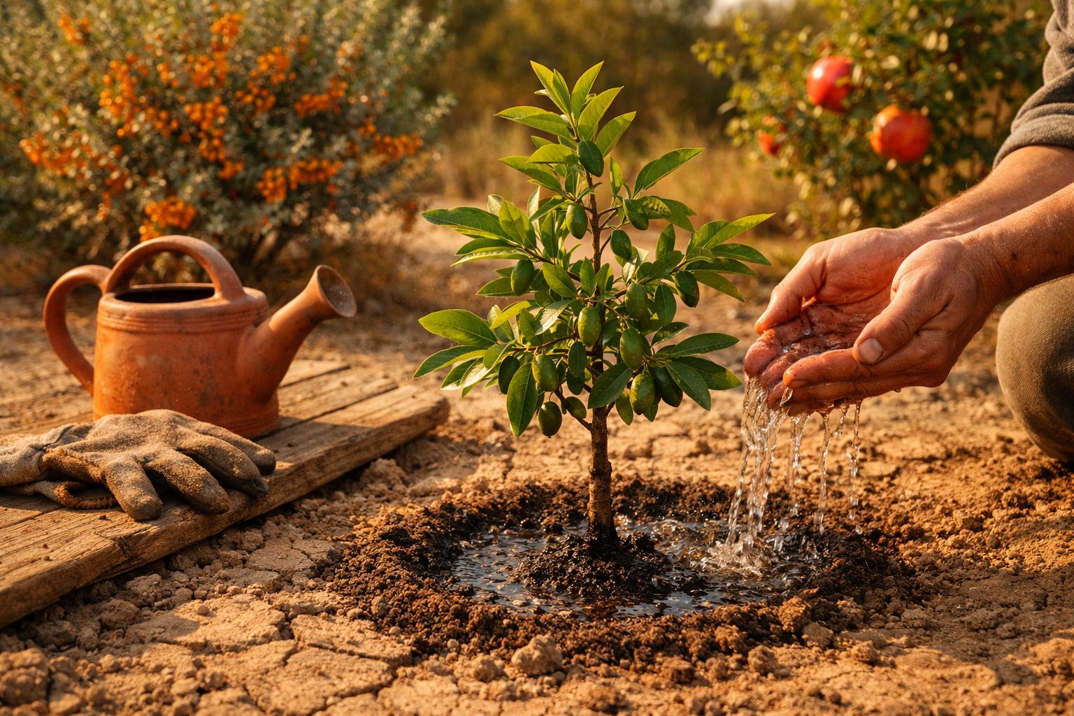 Pessoa regando muda de árvore em solo seco ao ar livre com regador e luvas próximas.