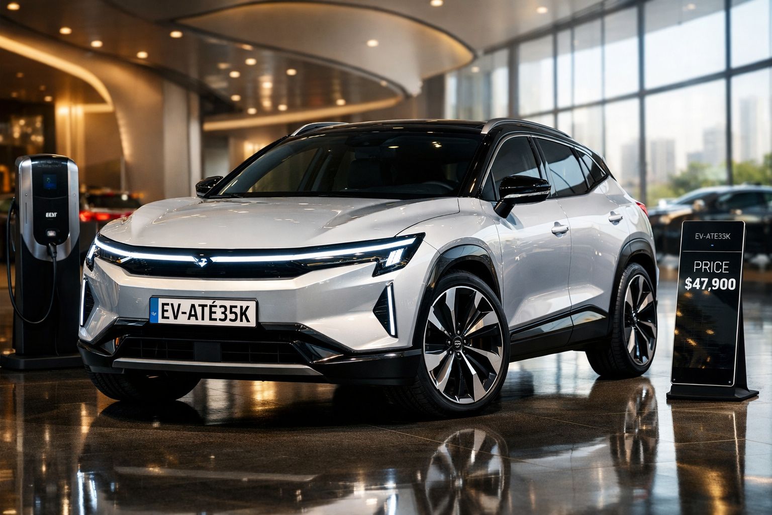 Carro elétrico branco em exposição com estação de recarga e placa de preço de 47.900 dólares.