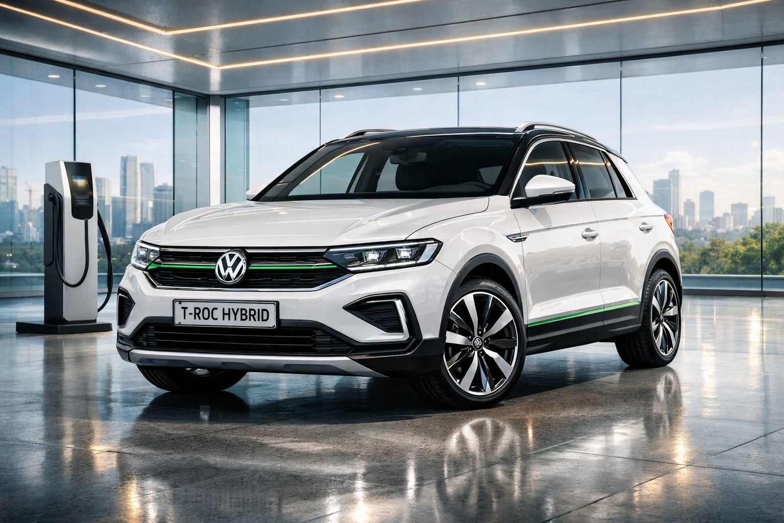 Carro branco Volkswagen T-Roc Hybrid estacionado em ambiente moderno com parede de vidro e carregador elétrico ao lado.