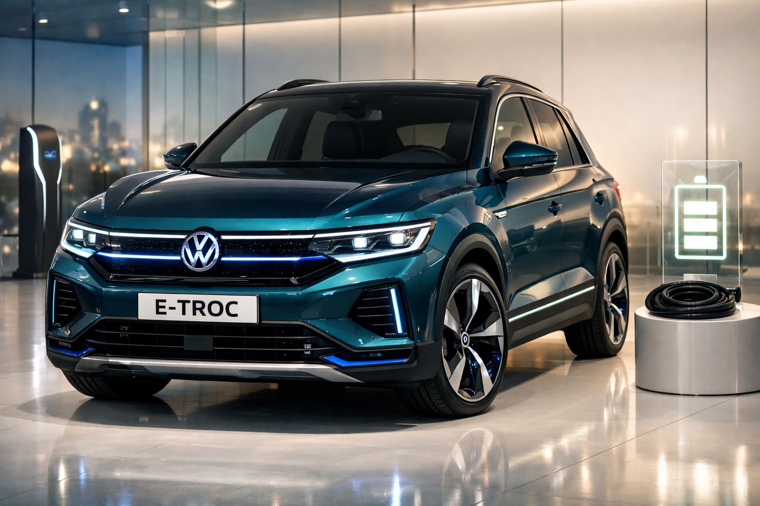 Carro elétrico Volkswagen E-TROC azul em showroom moderno com símbolo de bateria carregando ao lado.