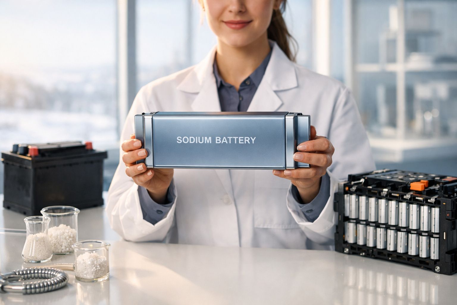 Cientista em jaleco segurando bateria de sódio retangular em laboratório moderno e iluminado.