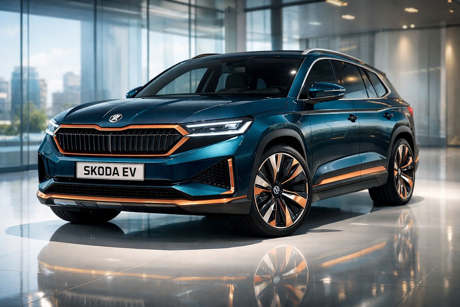 SUV elétrico azul metalizado da Škoda com detalhes em cobre, exposto em ambiente moderno e iluminado.