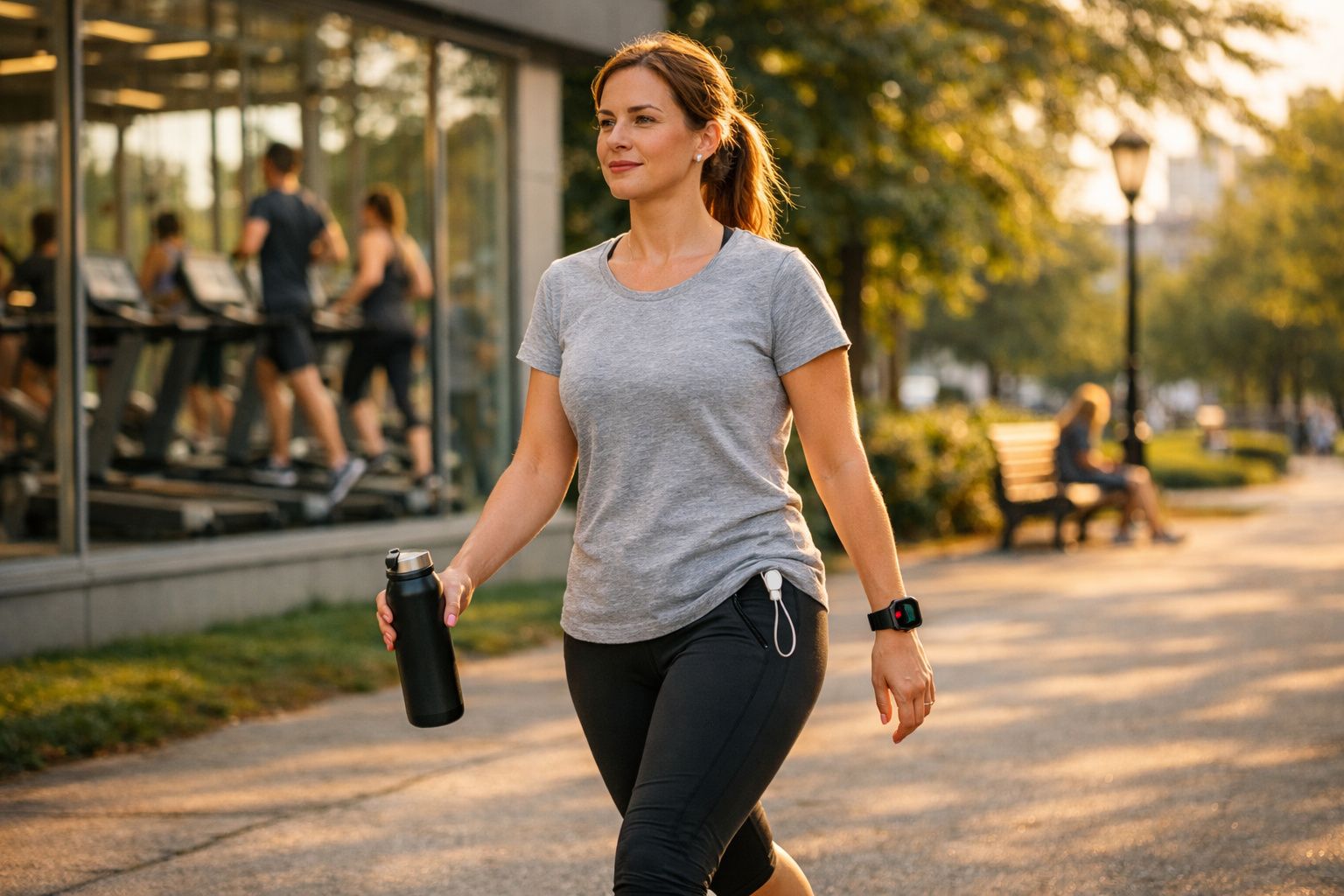 Mulher caminhando ao ar livre com roupa esportiva, segurando garrafa e usando relógio fitness.