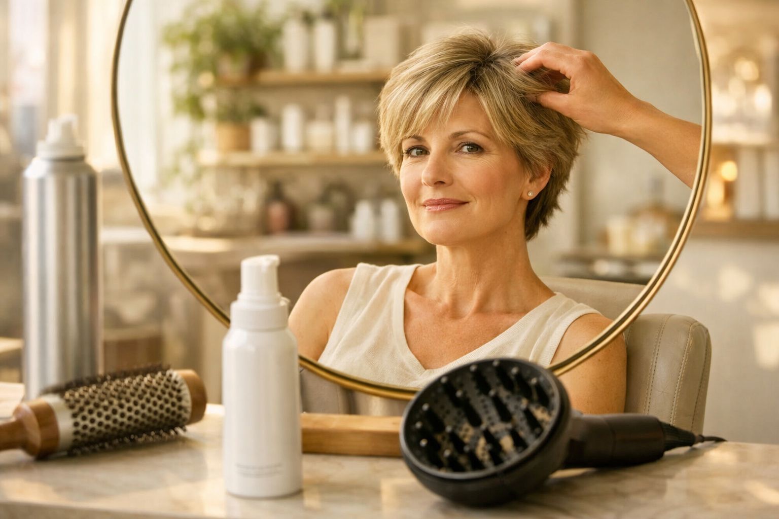 Mulher sorridente arrumando cabelo na frente do espelho com produtos e secador sobre a mesa.