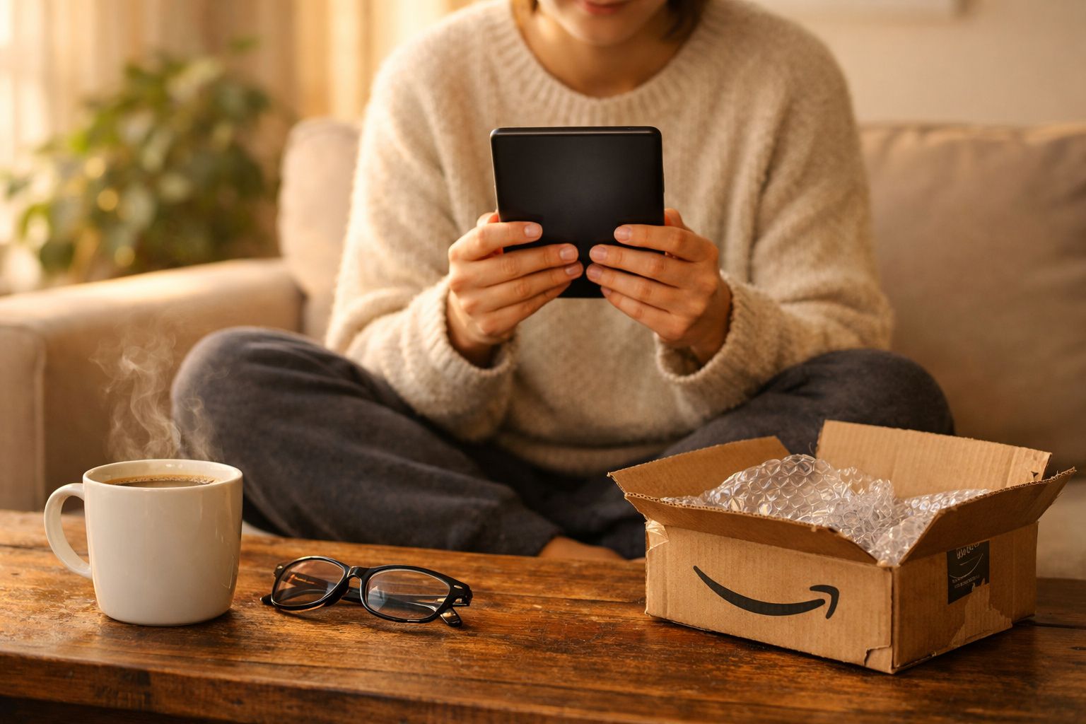 Pessoa usando leitor digital sentada no sofá, com café, óculos e caixa da Amazon na mesa de madeira.
