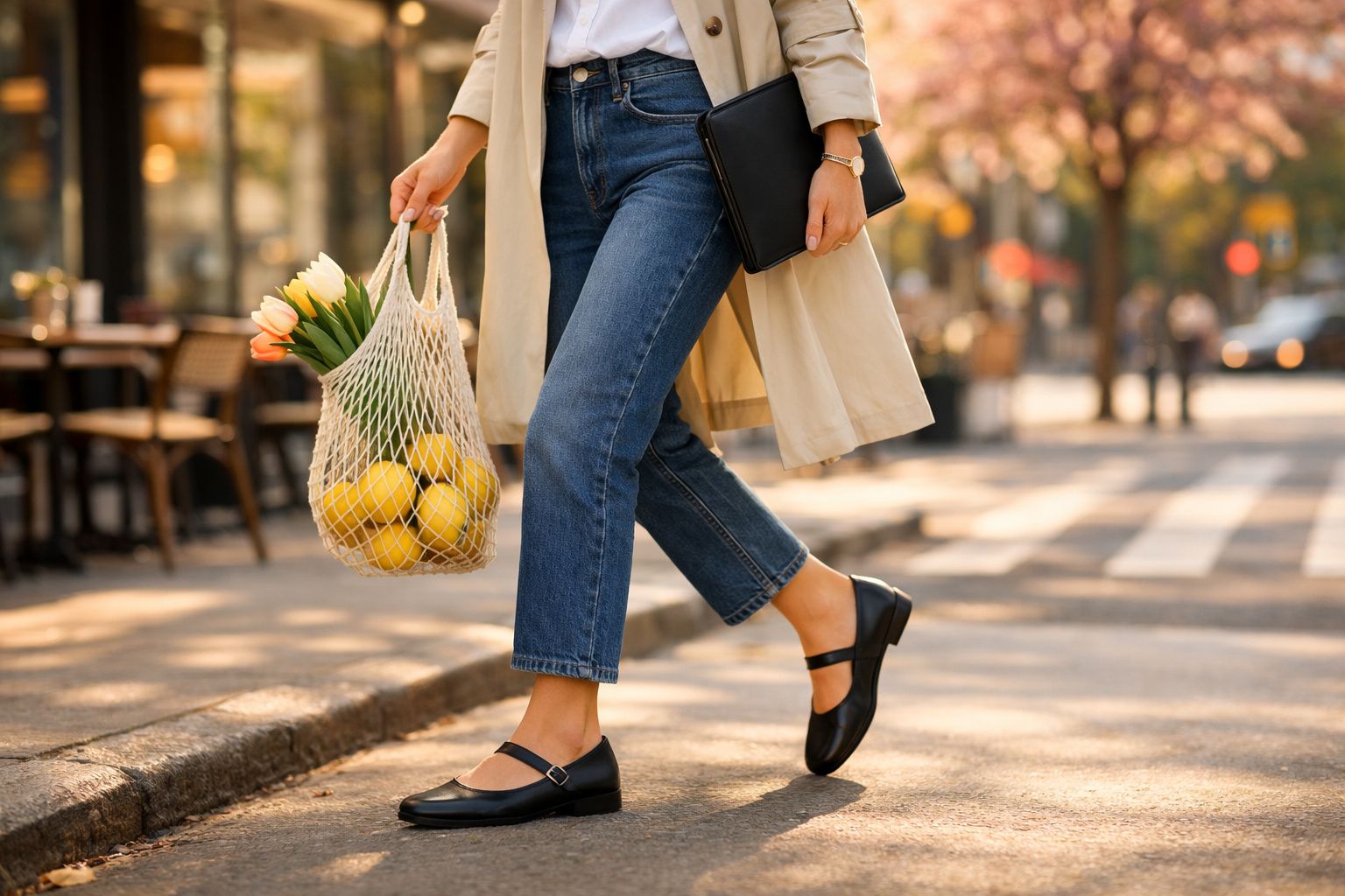 Pessoa caminhando na rua com bolsa de rede contendo flores e frutas, vestindo calça jeans e casaco bege.