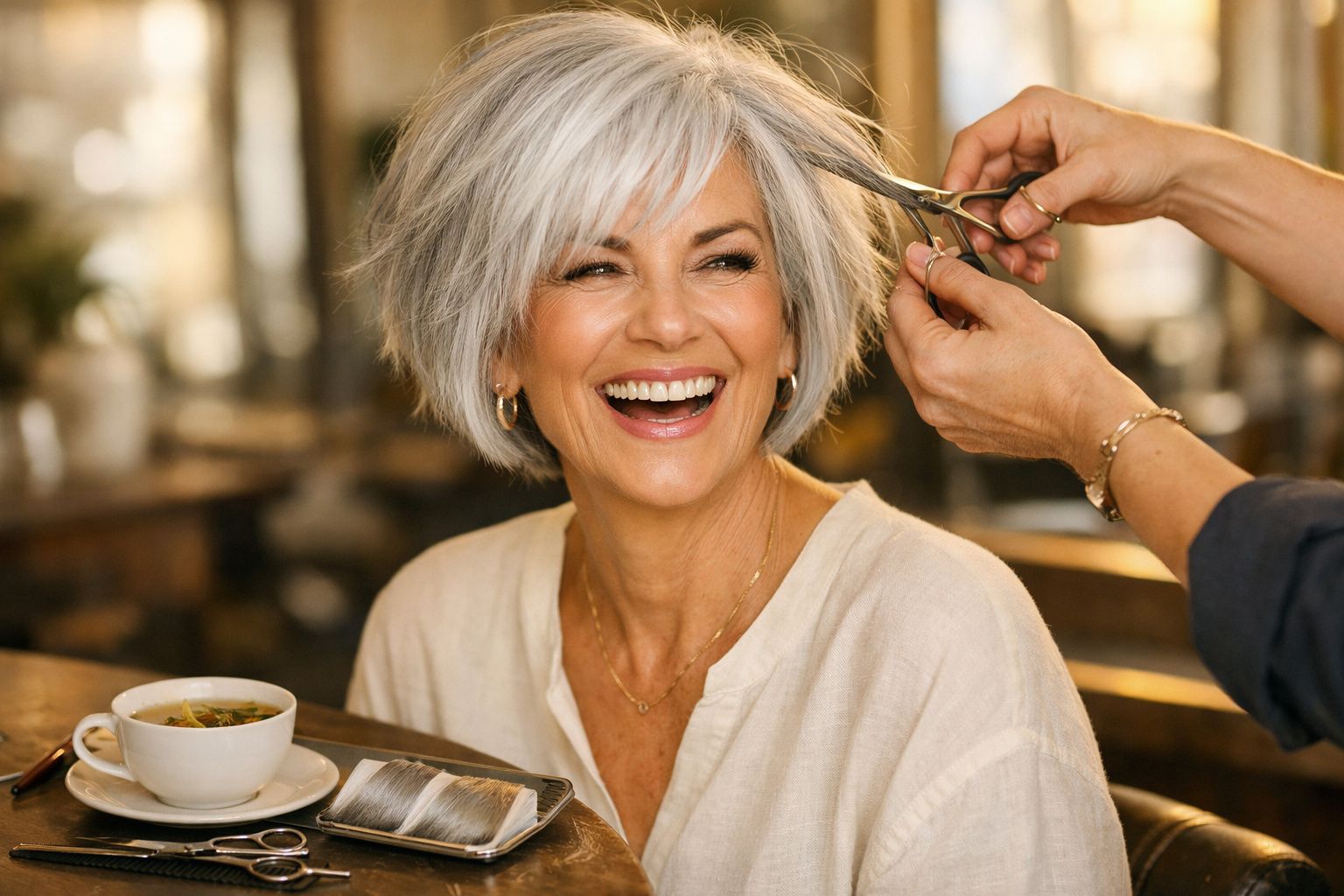 Mulher sorridente de cabelos grisalhos recebendo corte de cabelo em salão, com xícara de chá à frente.