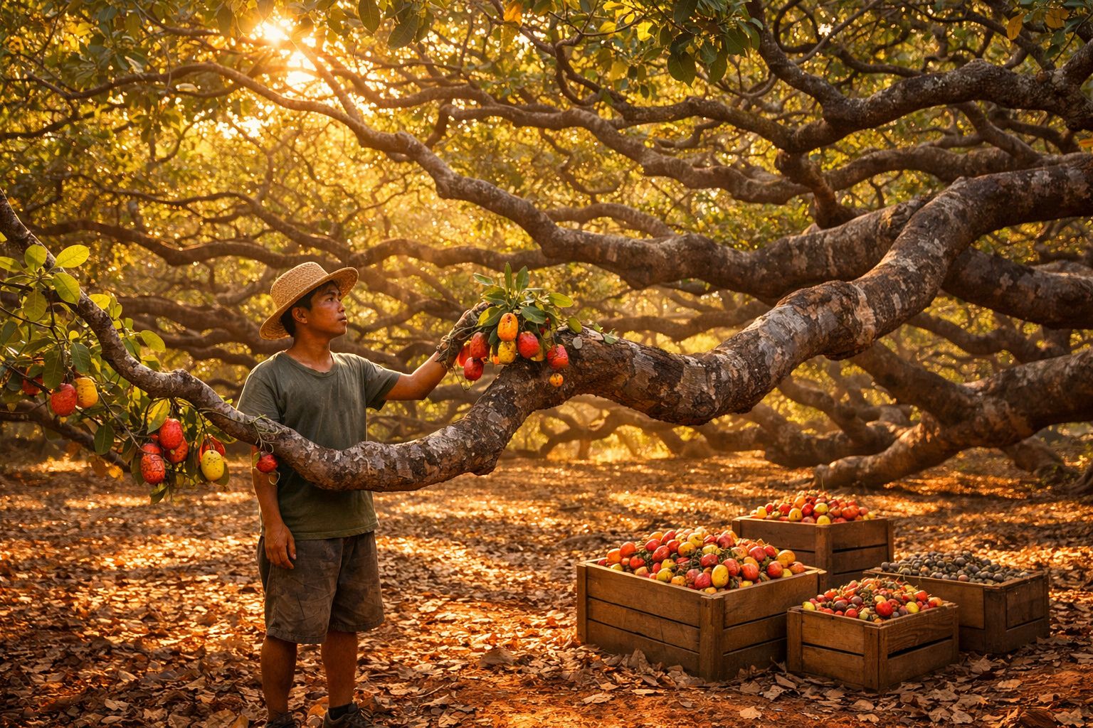 Homem com chapéu colhendo cacau em árvores frutíferas com caixas cheias de frutos maduros no chão.