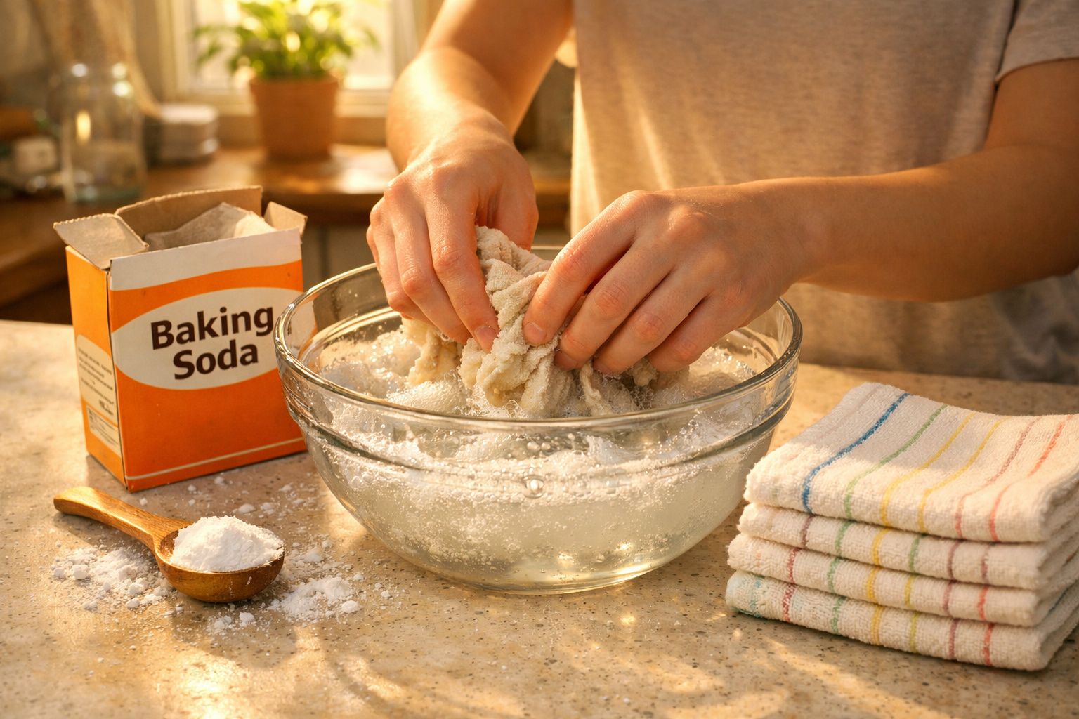 Mãos espremendo um pano em uma tigela com água e bicarbonato de sódio ao lado em uma cozinha.