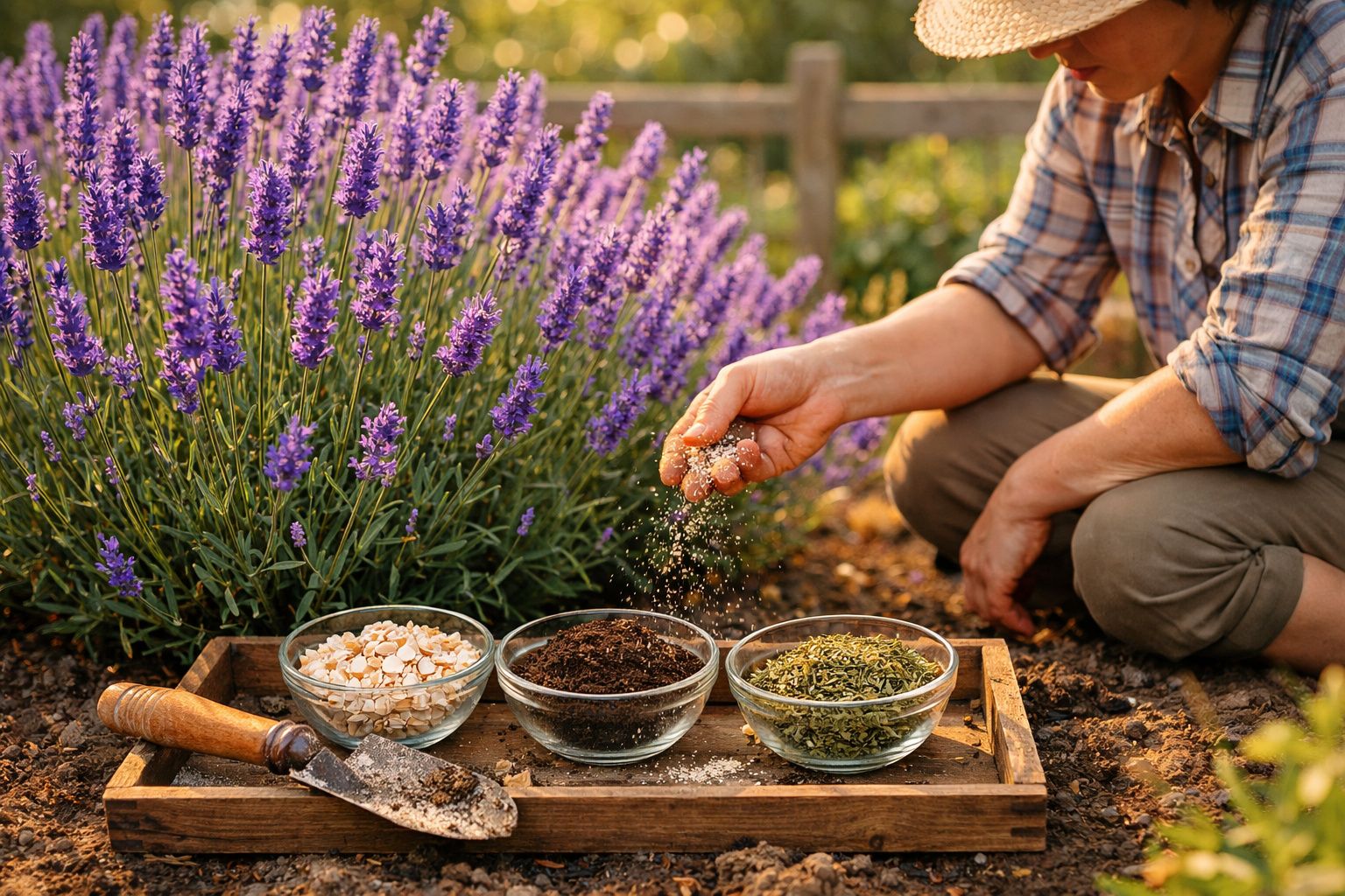 Pessoa preparando mistura com sementes e terra em bandeja de madeira ao lado de lavandas roxas em jardim.