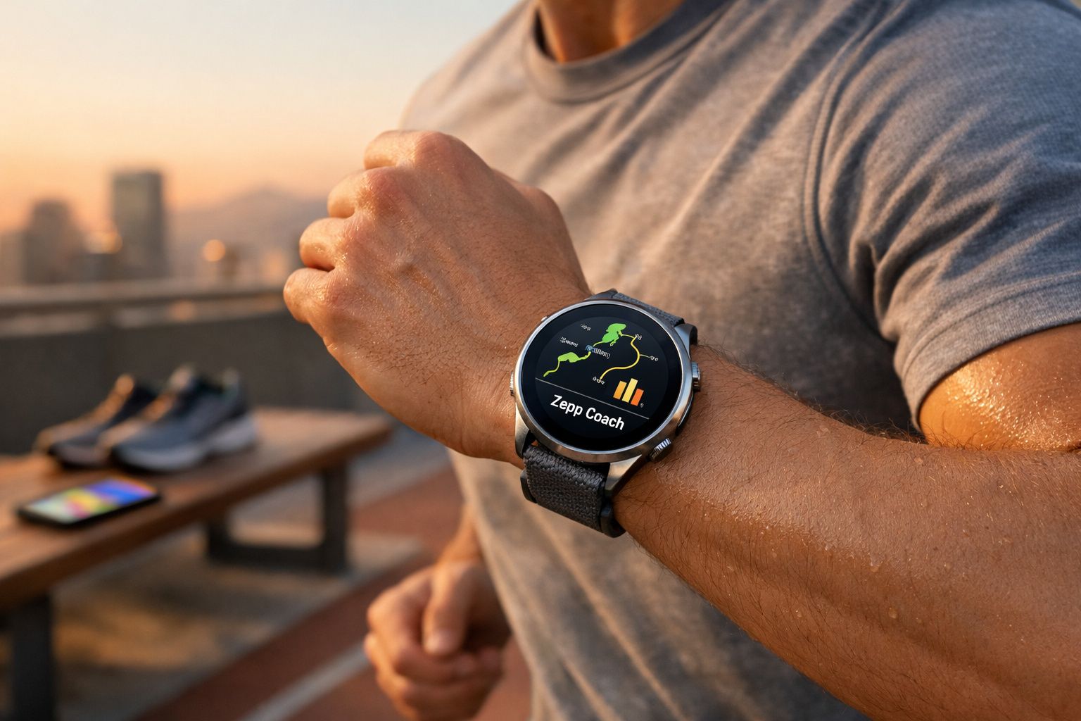 Pessoa usando relógio inteligente com aplicativo de treino ao ar livre no pôr do sol.