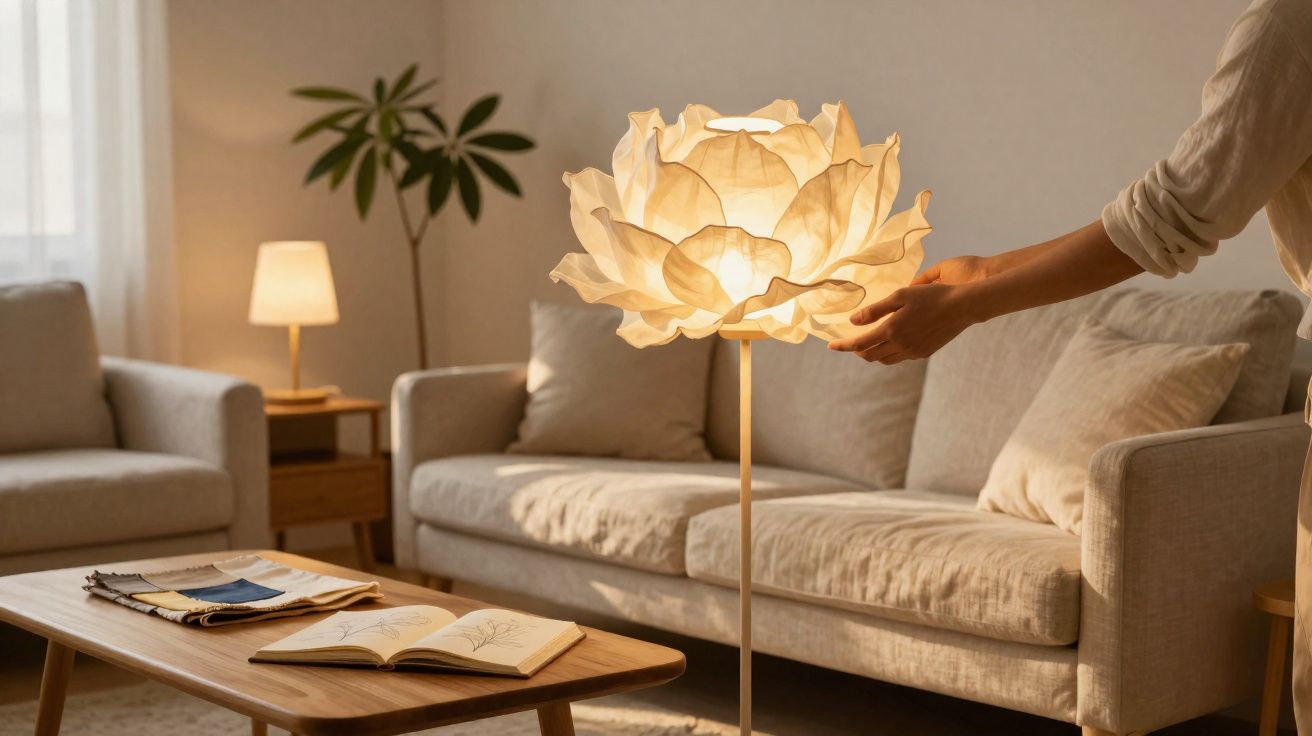 Pessoa ajustando luminária de chão com cúpula em formato de flor em sala de estar aconchegante.