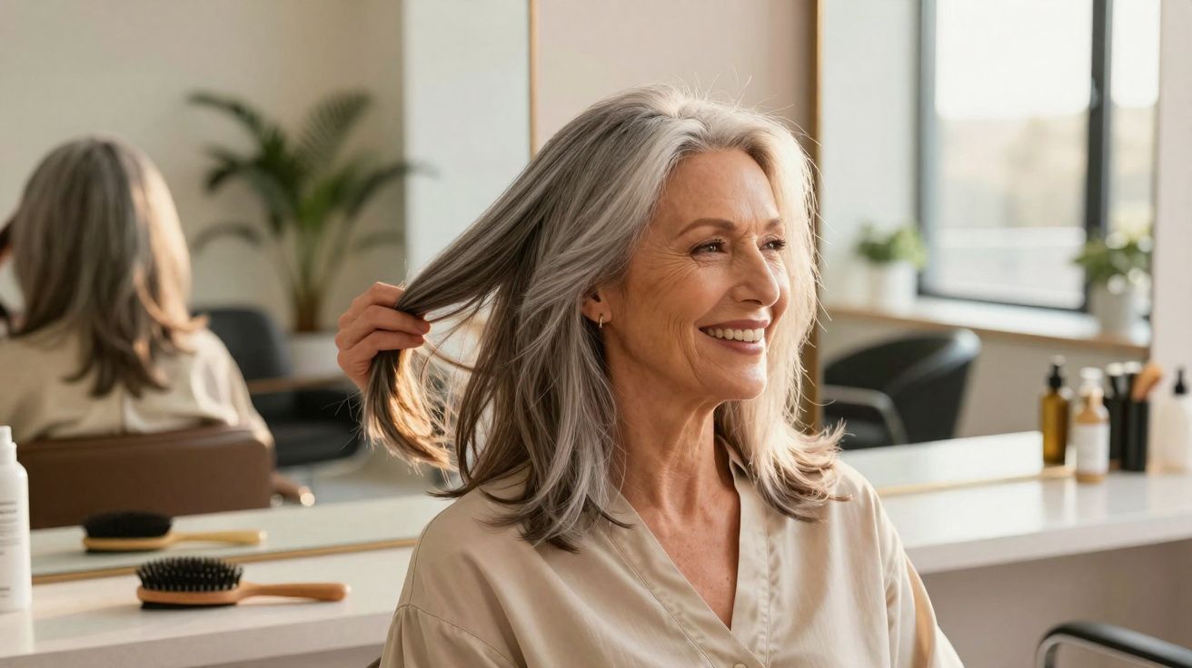 Mulher madura sorridente arrumando o cabelo em salão de beleza iluminado natural.