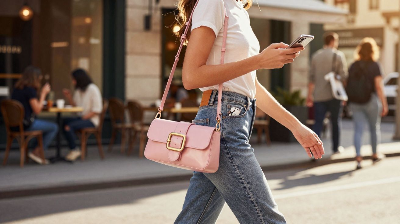 Mulher caminhando na rua com bolsa rosa e celular na mão, pessoas ao fundo sentadas em café.