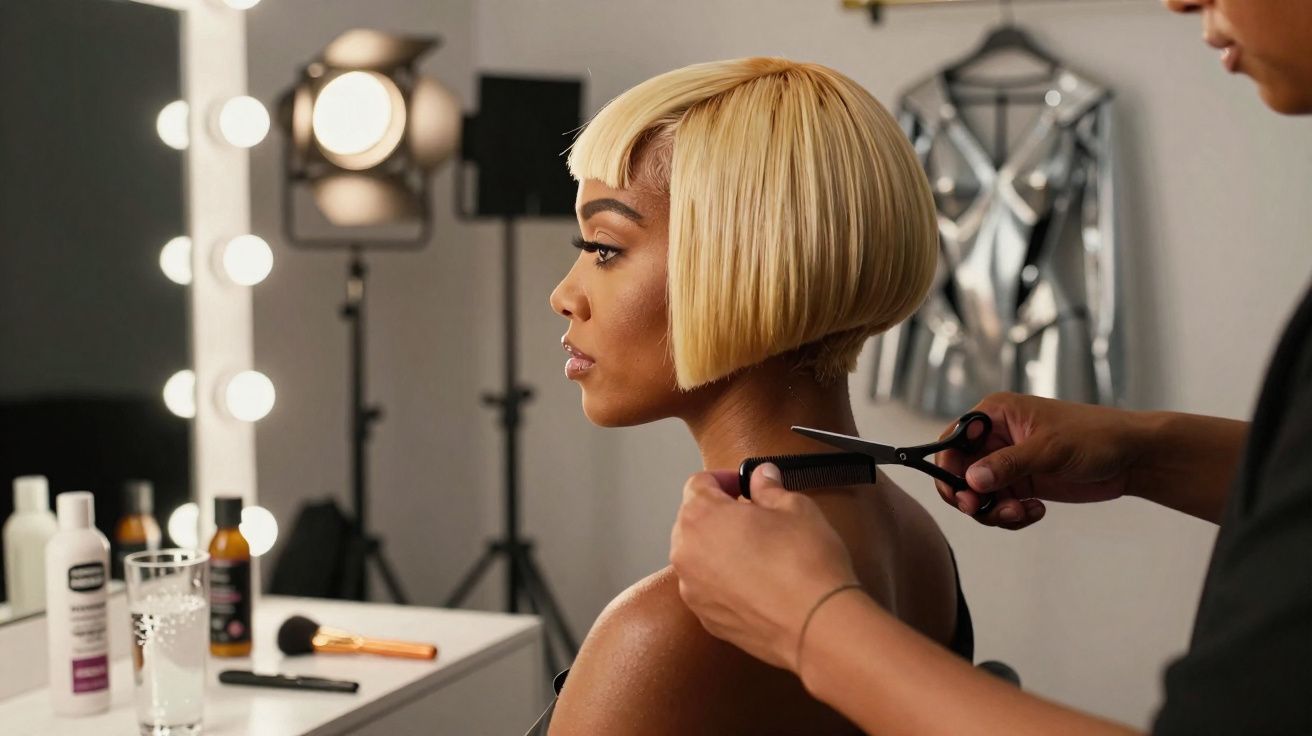 Mulher loira com corte bob recebe ajuste em seu cabelo em salão de beleza moderno.