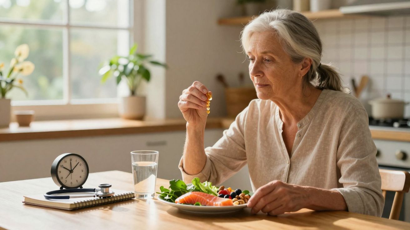 Mulher idosa segurando cápsulas de suplemento, com prato de comida saudável e copo d'água na mesa.