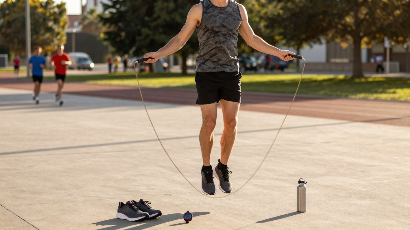 Homem pulando corda ao ar livre com tênis, cronômetro e garrafa de água no chão próximo.