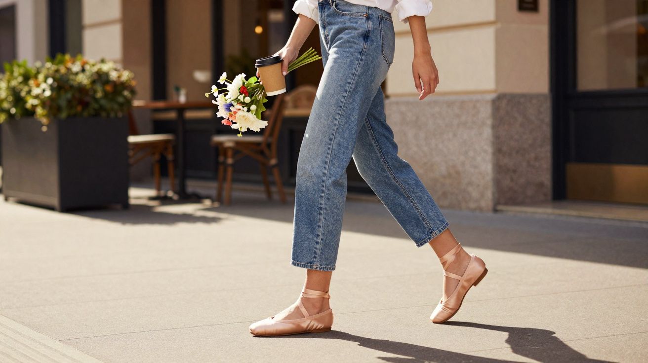 Pessoa caminhando na calçada com flores e copo de café na mão, usando sapatilhas e jeans claros.