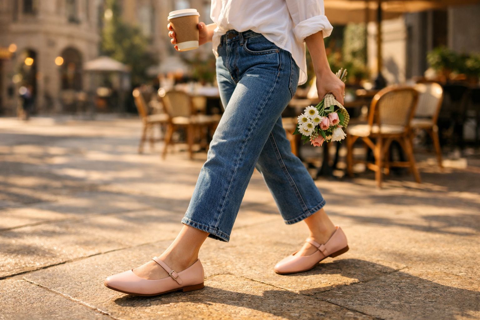 Pessoa caminhando com calça jeans, sapatilhas rosas e segurando café e flores em ambiente urbano ao ar livre.