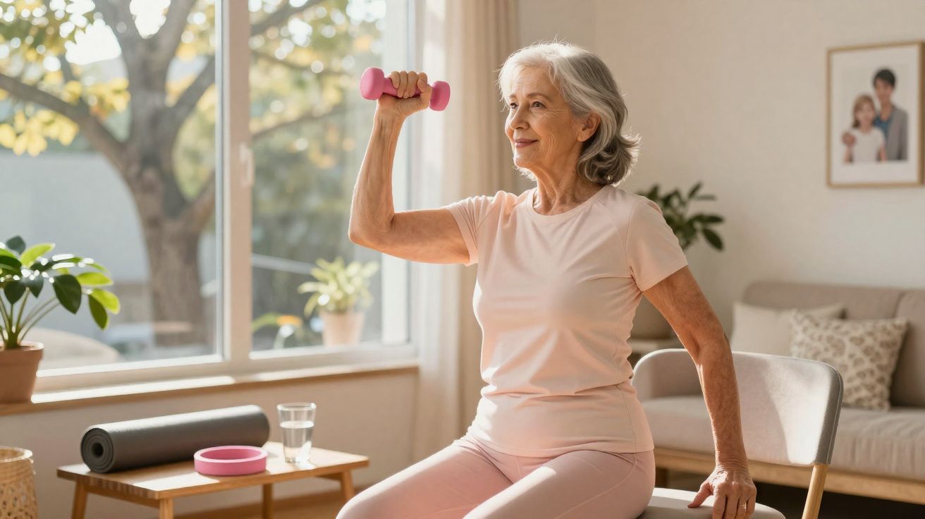 Mulher idosa fazendo exercício com halteres sentada em cadeira, em ambiente iluminado e confortável.