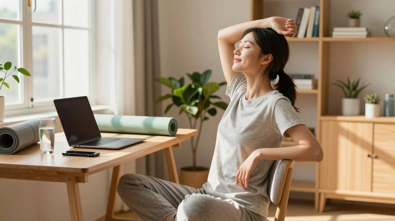 Mulher sentada, relaxando com olhos fechados em ambiente iluminado com laptop e tapetes de yoga.