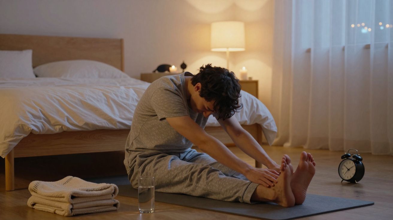 Homem sentado no chão ao lado da cama fazendo alongamento dos pés em ambiente iluminado e relaxante.
