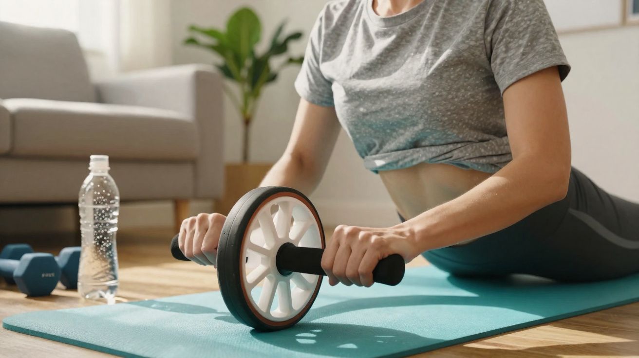 Pessoa usando roda de exercícios para abdômen em tapete de yoga em sala de estar, com halteres e garrafa de água.