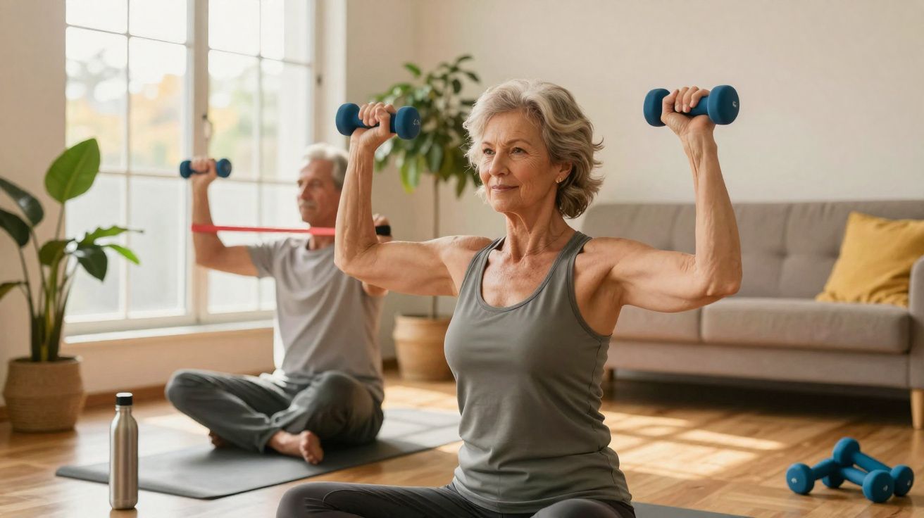 Casal idoso fazendo exercícios com halteres sentado em tapetes de yoga em sala iluminada.