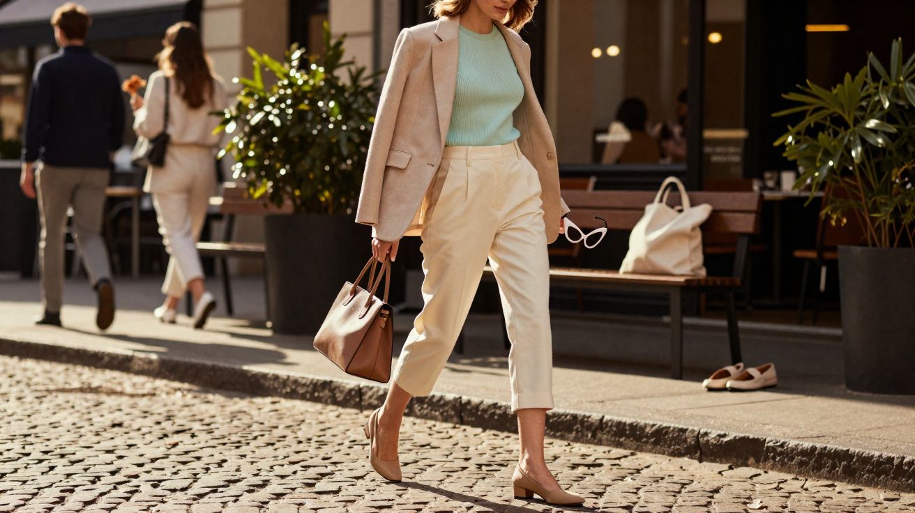 Mulher elegante caminhando em calçada de pedra com blazer bege, calça branca e bolsa marrom.
