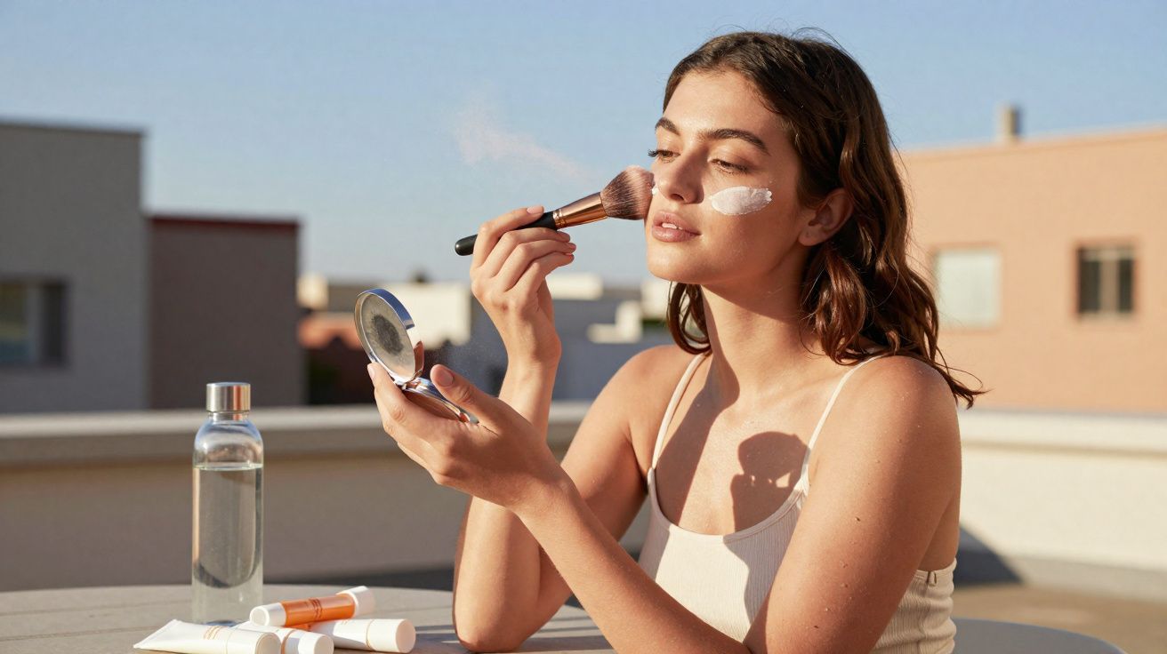 Mulher aplicando protetor solar no rosto com pincel em varanda ensolarada ao ar livre.