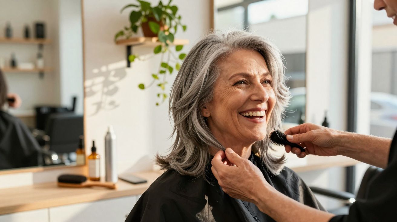 Mulher madura sorridente recebendo corte de cabelo em salão iluminado e moderno.