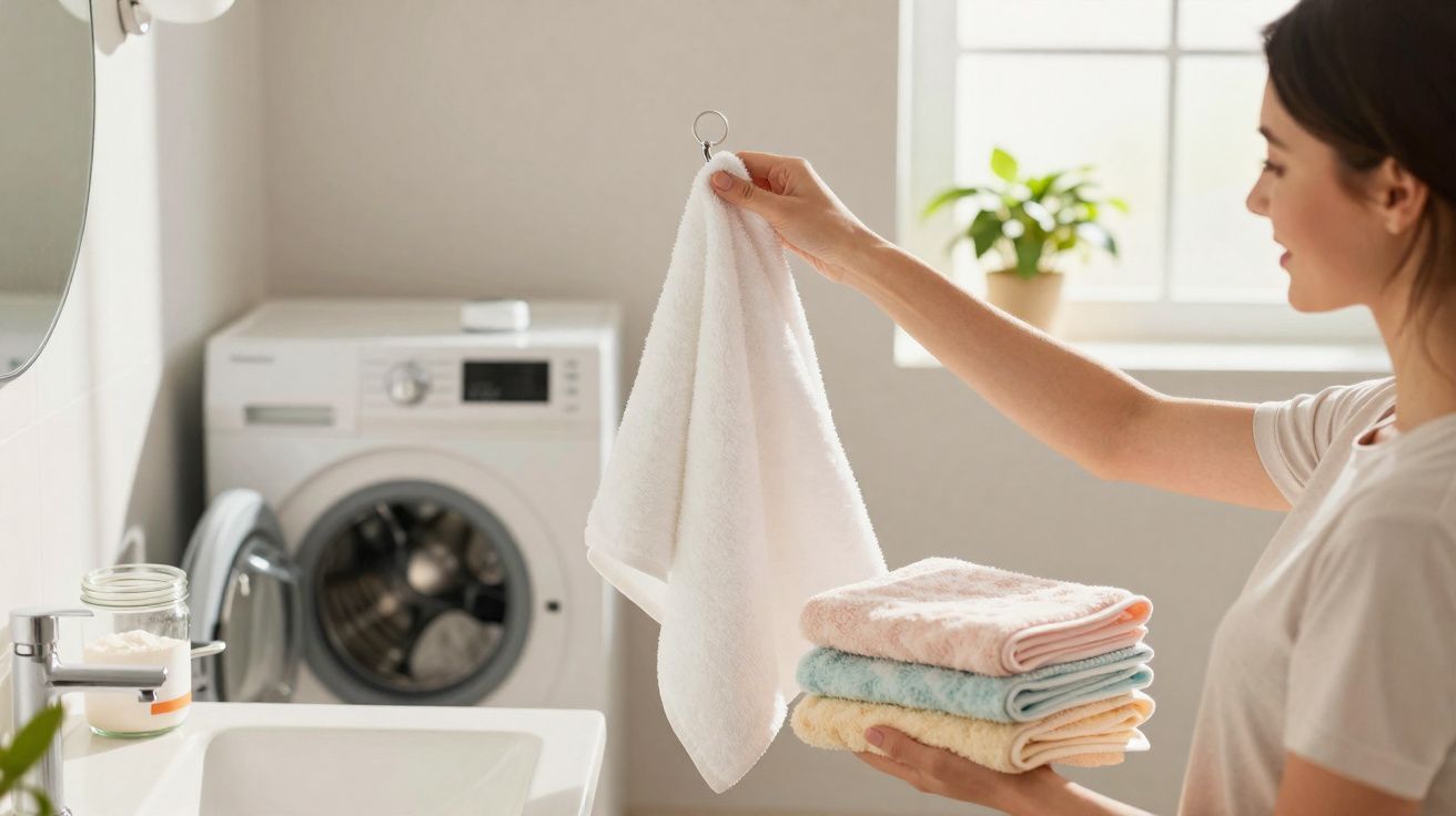Mulher segurando toalhas limpas em lavanderia com máquina de lavar e janela ao fundo.