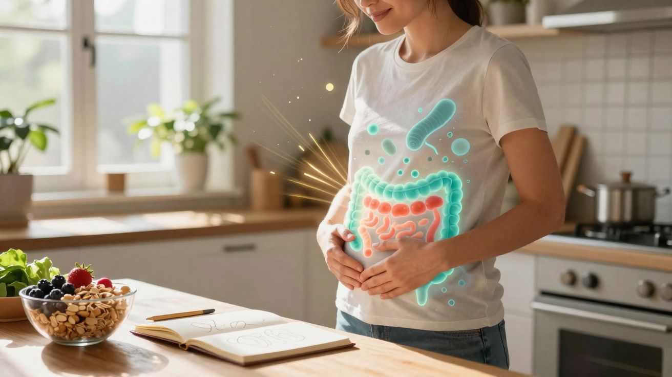 Mulher segurando a barriga com ilustração digital do sistema digestivo em destaque na cozinha.