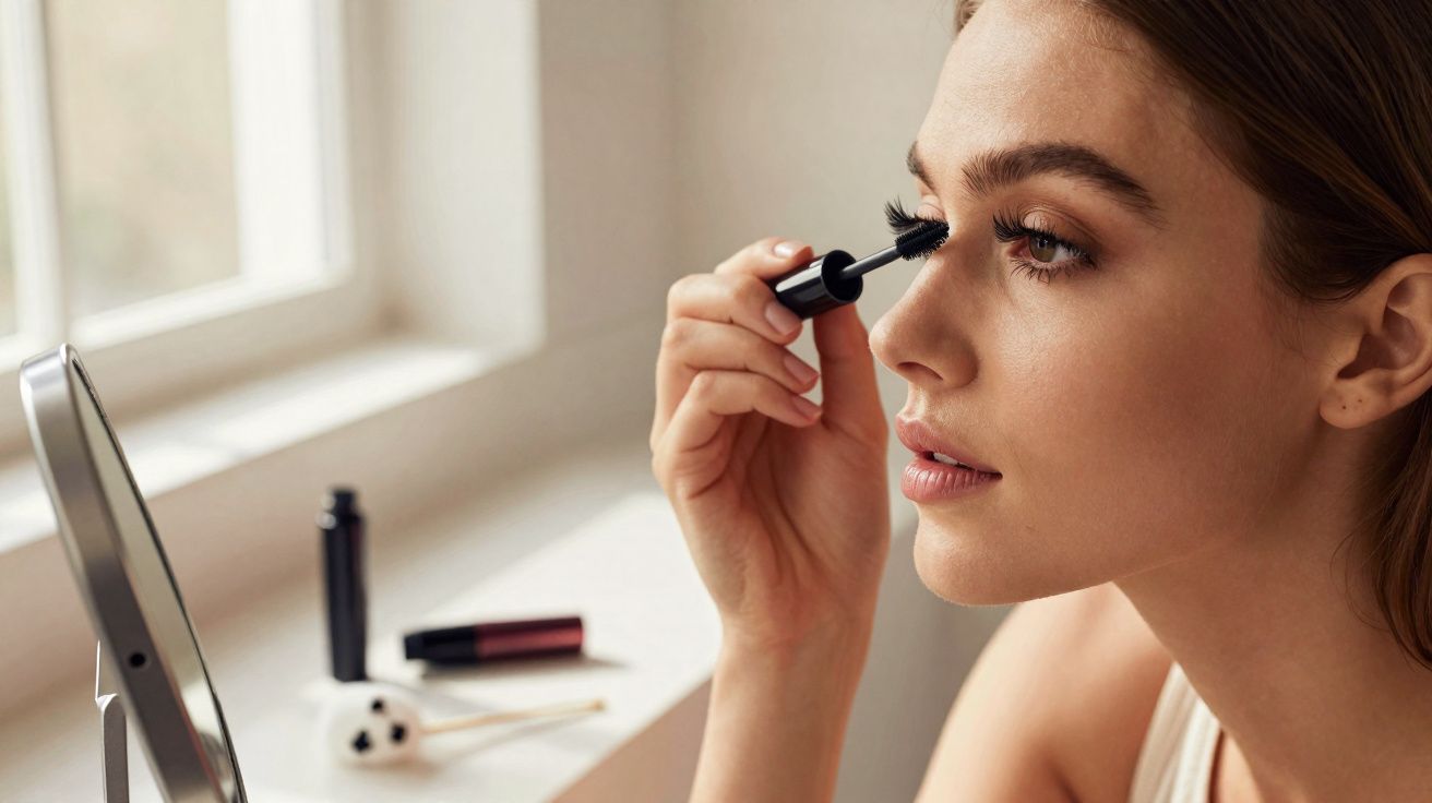 Mulher aplicando rímel nos cílios com espelho em bancada próximo a janela iluminada.