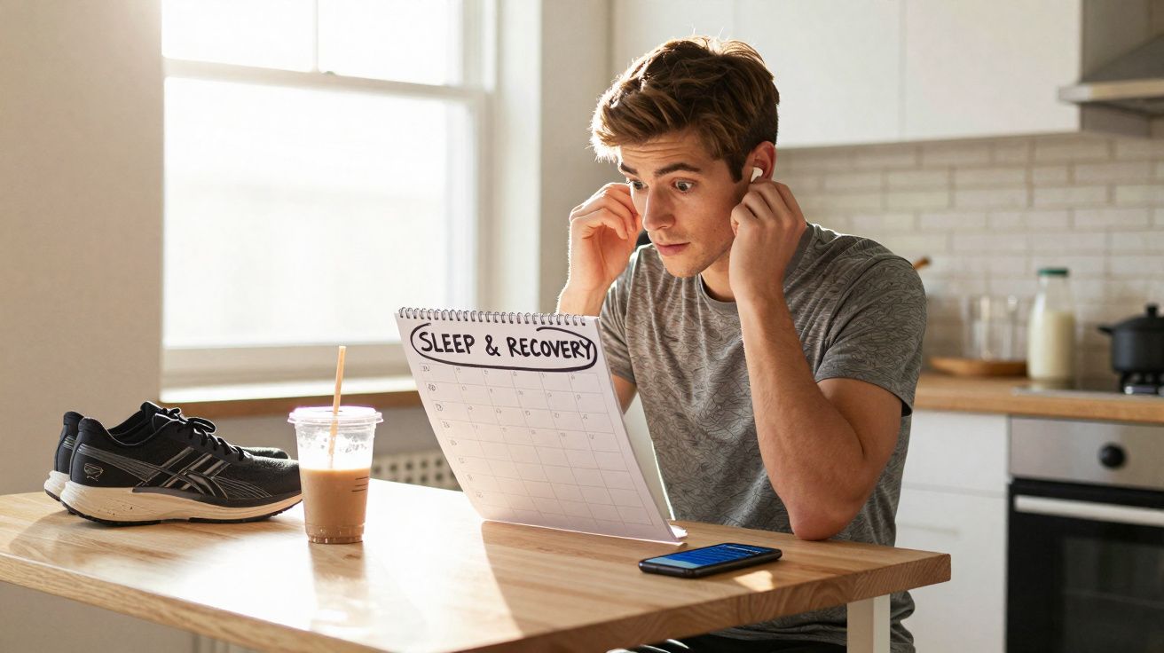 Homem jovem na cozinha se preparando para um treino, ajustando fone de ouvido perto de calendário "Sleep & Recovery".