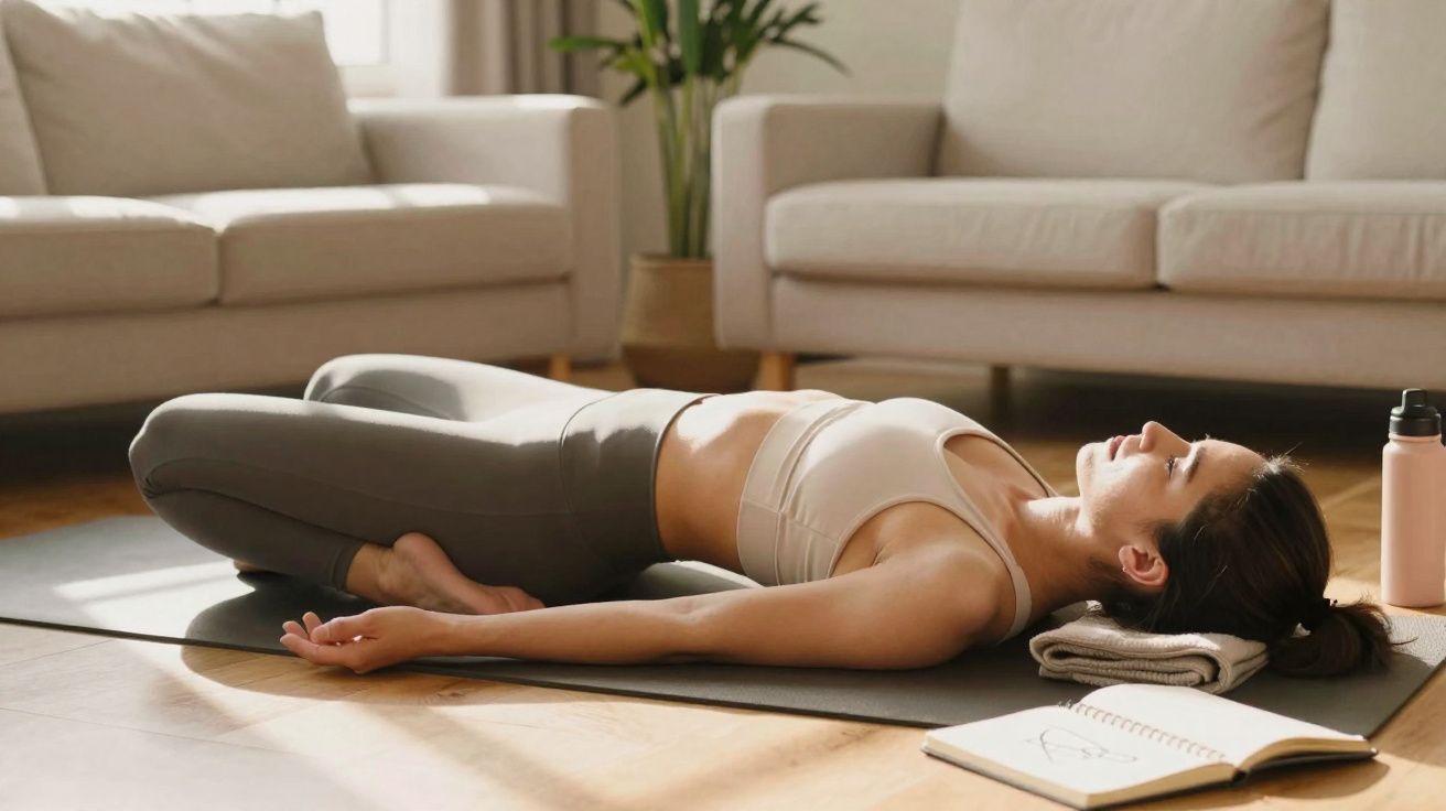 Mulher fazendo alongamento deitada no chão da sala com tapete, garrafa de água e caderno ao lado.
