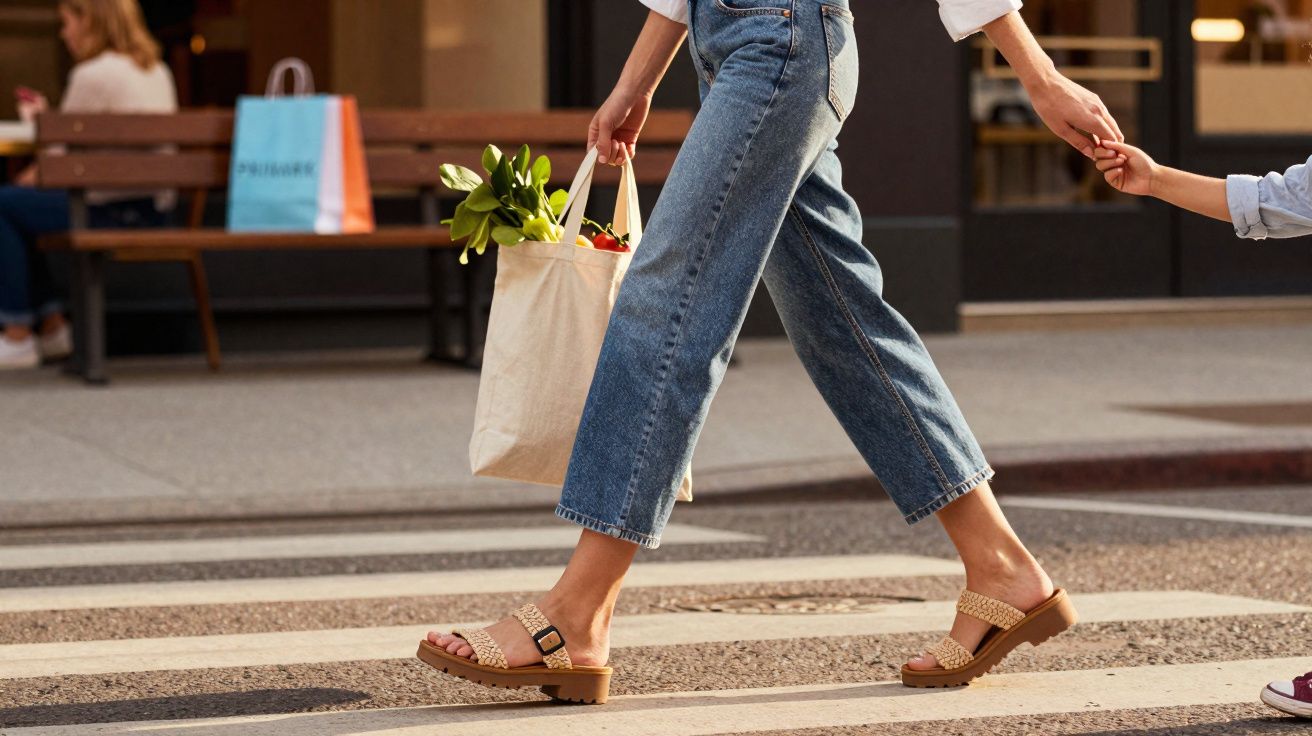 Pessoa com calça jeans e sandálias carregando sacola com verduras enquanto segura mão de criança ao atravessar rua.