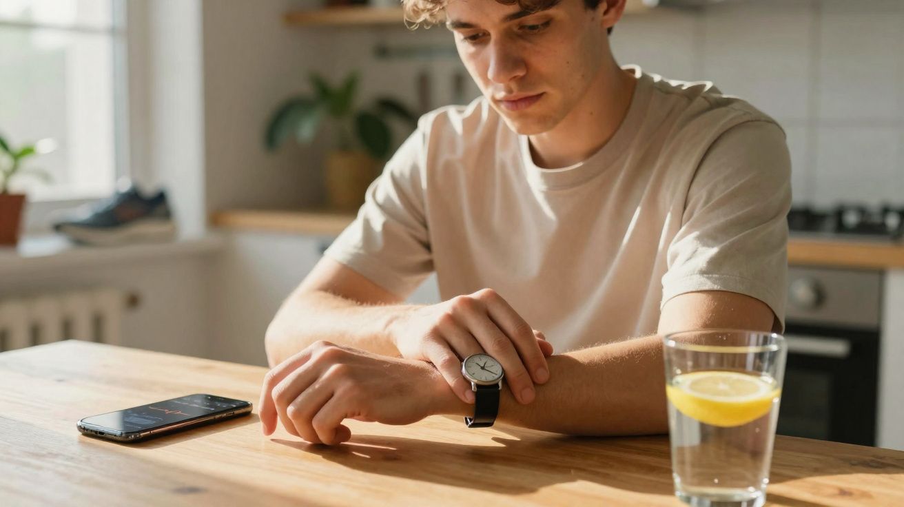 Homem sentado à mesa olhando o relógio no pulso, com copo de água e celular sobre a mesa.
