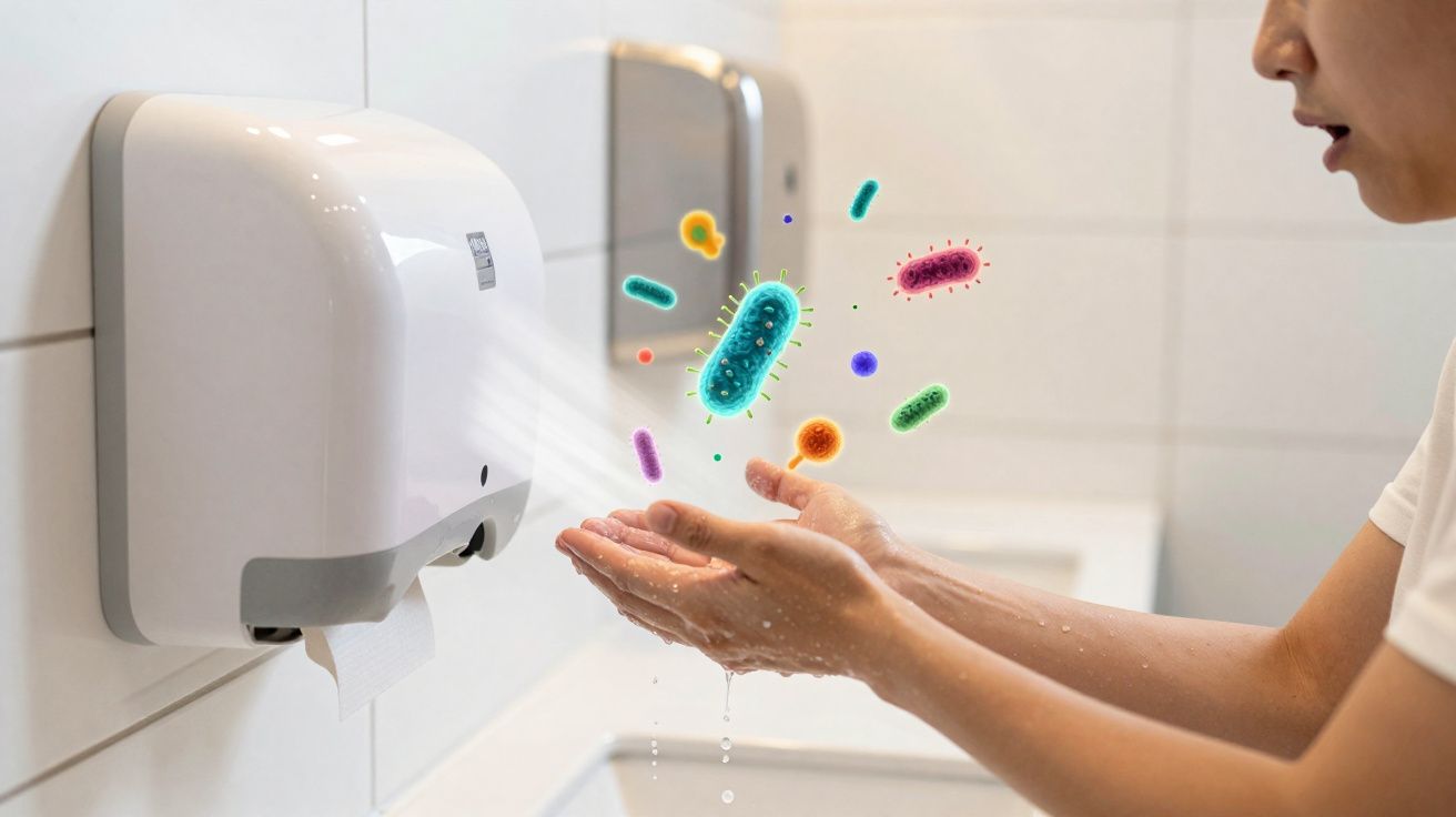 Pessoa lavando as mãos com secador automático enquanto vírus e bactérias coloridos aparecem visíveis.