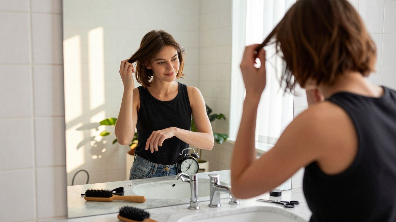 Mulher jovem arrumando o cabelo em frente ao espelho no banheiro iluminado pela luz natural.