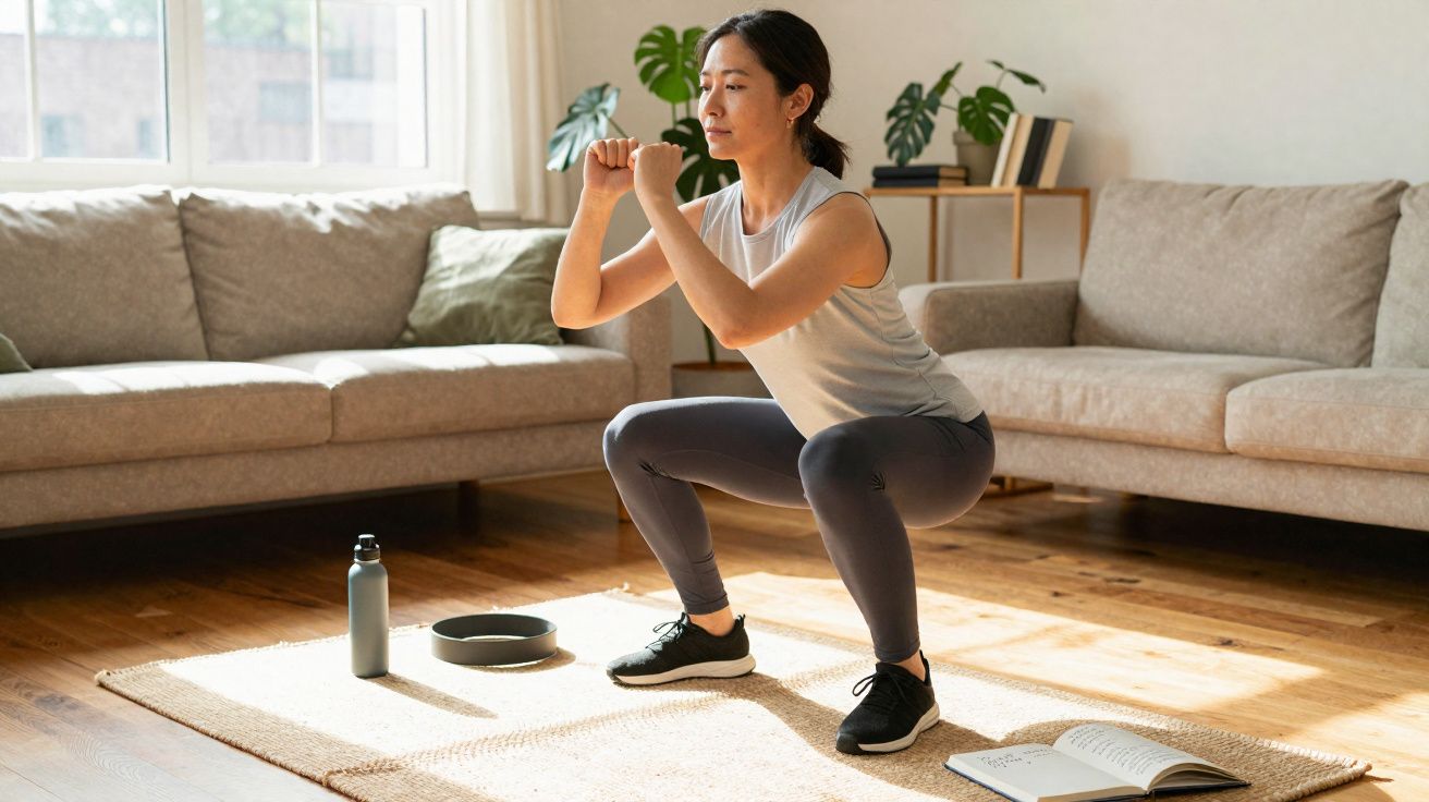 Mulher fazendo agachamento em sala de estar com garrafa, livro e acessórios de exercício no tapete.