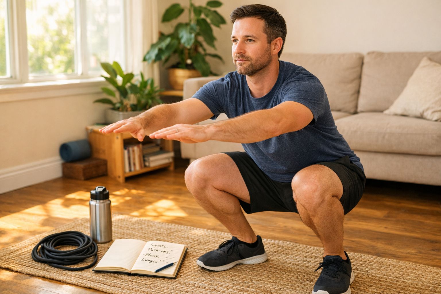 Homem fazendo agachamento em sala iluminada, com garrafa, caderno e acessórios de exercício no chão.