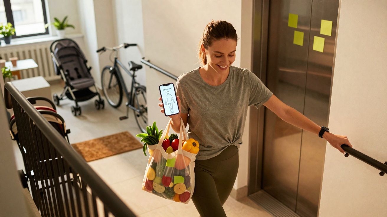 Mulher sorrindo com máscara digital no celular e sacola de legumes, subindo escada em prédio residencial.