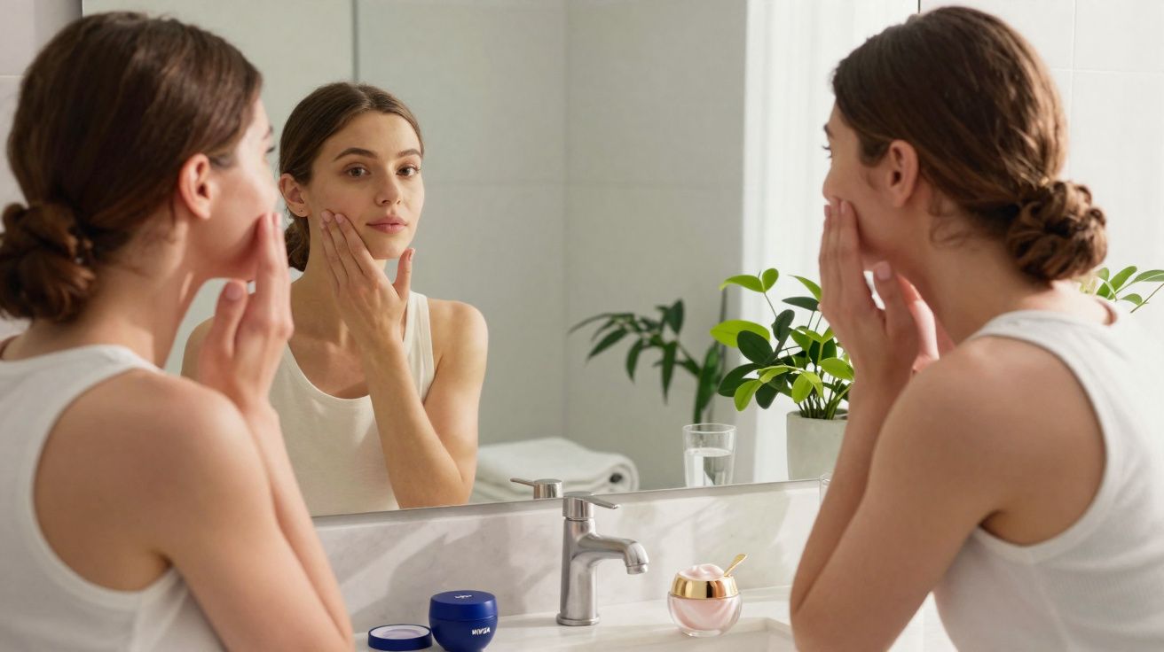 Mulher jovem aplicando creme facial em frente ao espelho em banheiro iluminado com plantas ao fundo.