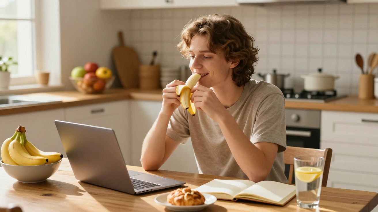 Jovem com camiseta cinza come banana enquanto usa notebook em mesa com livro e copo de água na cozinha.