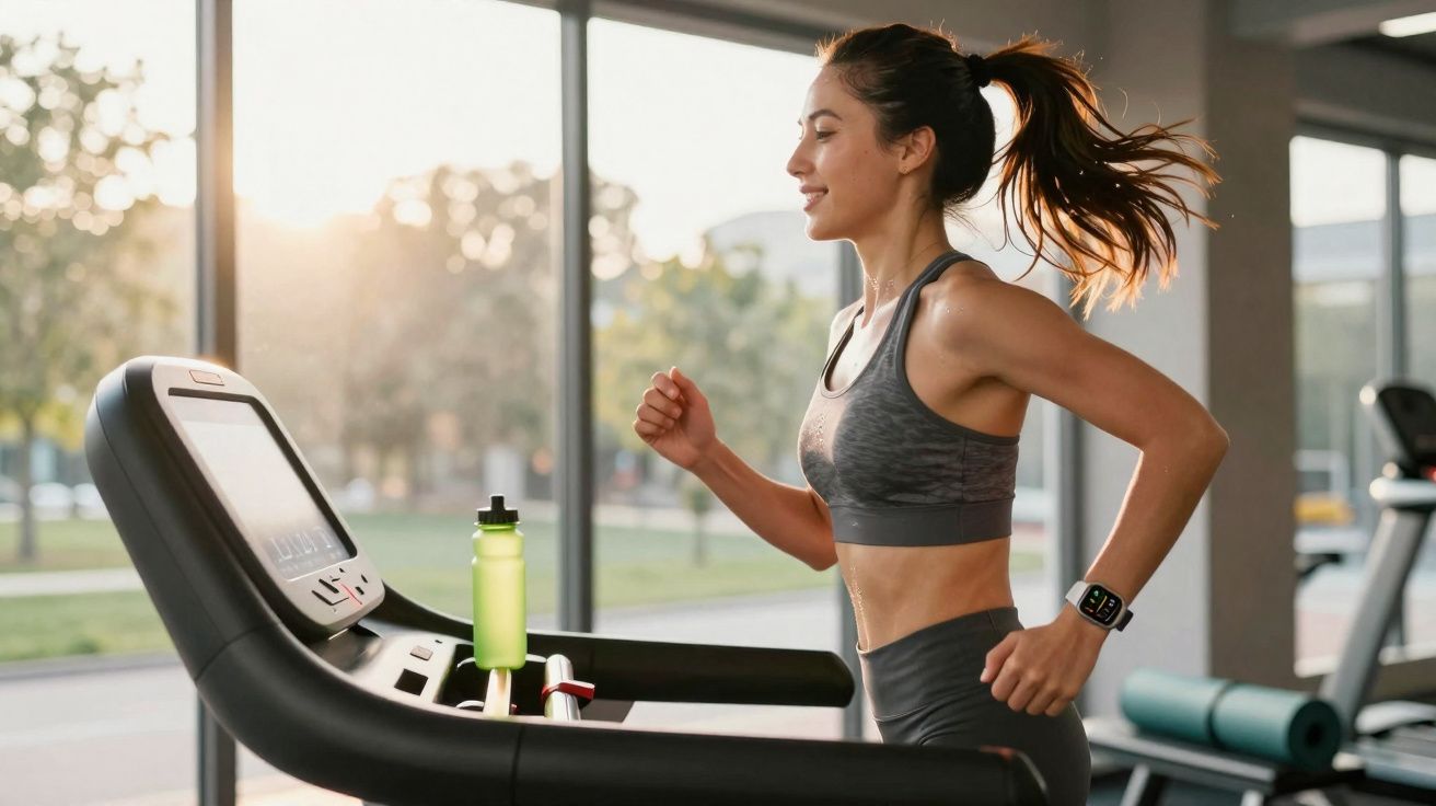 Mulher jovem correndo na esteira em academia com janela grande e luz natural ao fundo.
