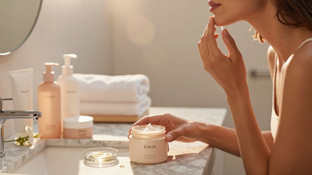 Mulher aplicando creme facial em banheiro com produtos de cuidados da marca Ziaja sobre a pia.