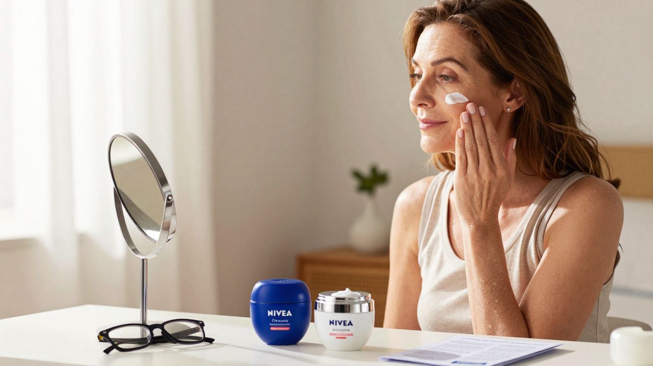 Mulher aplicando creme facial Nivea, sentada à mesa com espelho e óculos em ambiente claro.